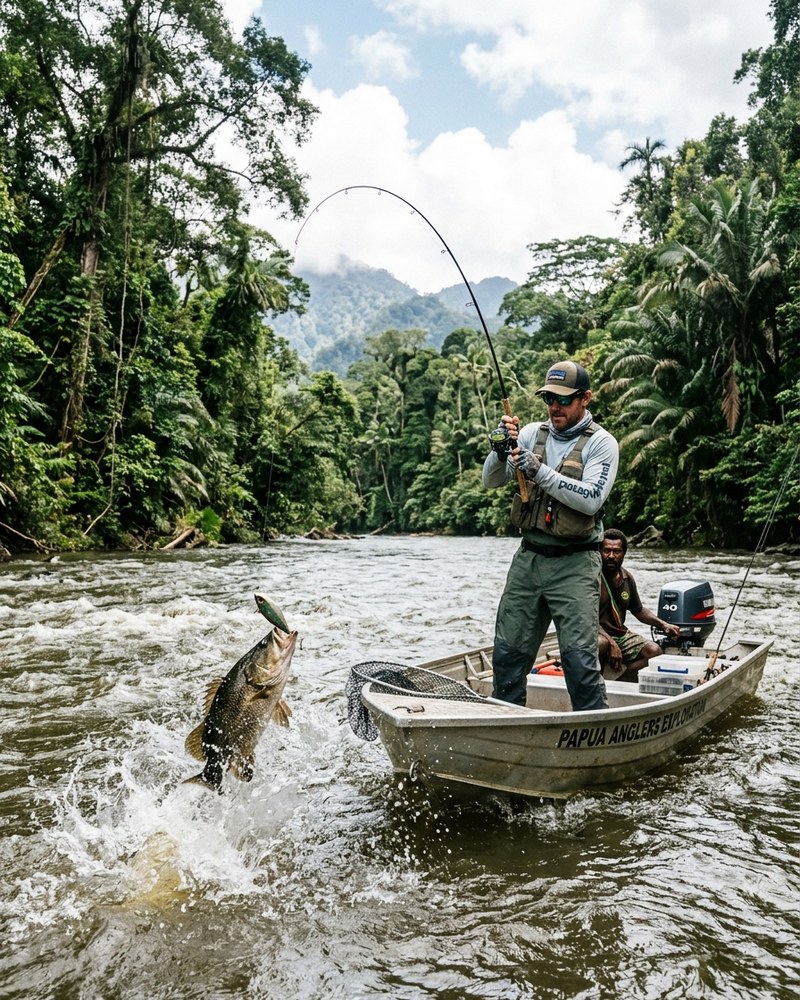 Wild river sport fishing expedition in remote Papuan estuary waters