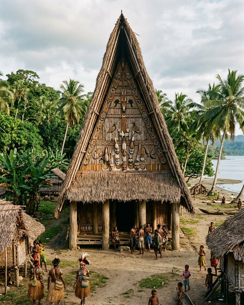 Ceremonial thatched longhouse architecture surrounded by lush coastal tropical greenery