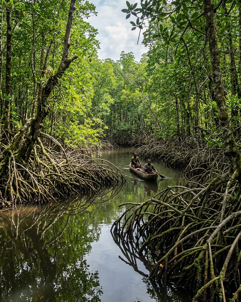 Mangrove roots at low tide reflecting in still coastal estuary waters