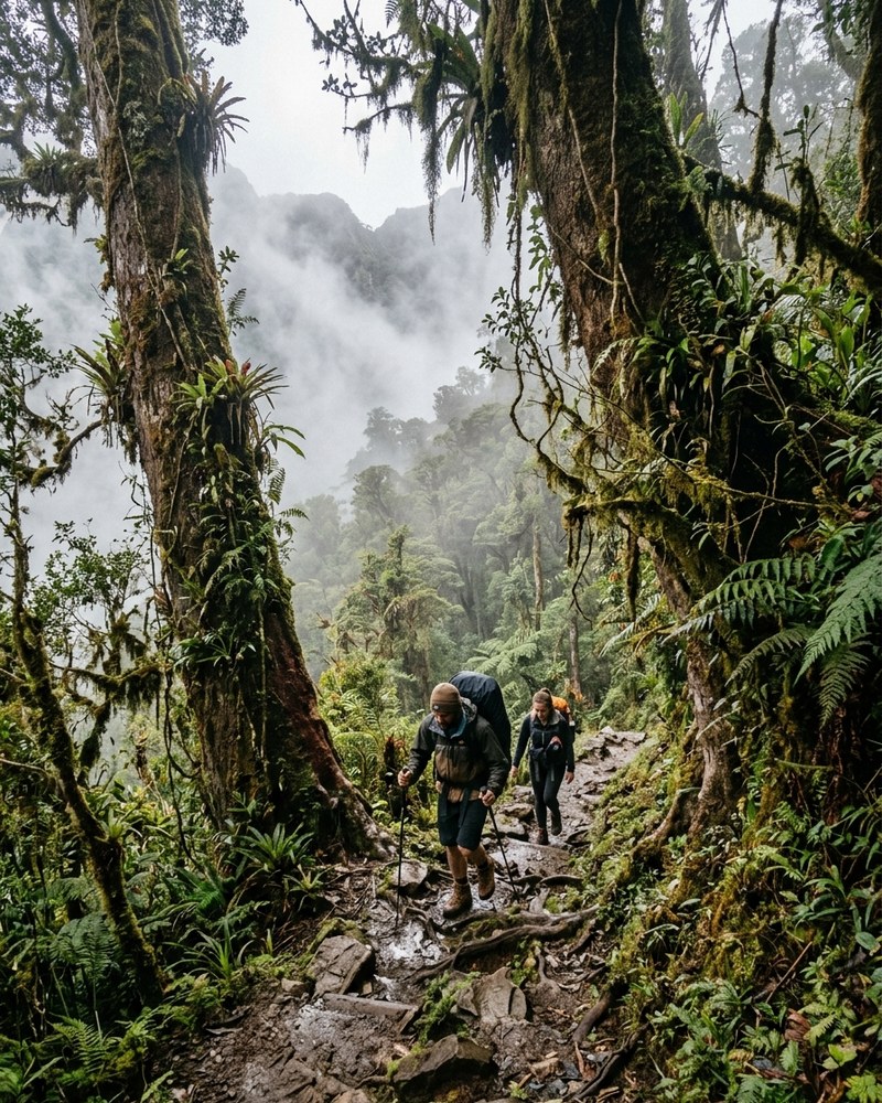 A secluded trekking path through dense misty montane rainforest canopy on the historic Bulldog Track