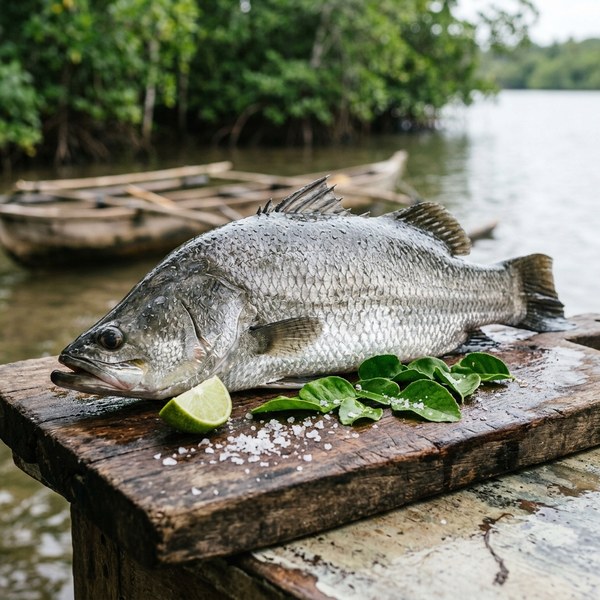 Whole fresh wild barramundi fish (Lates calcarifer) kitchen-ready