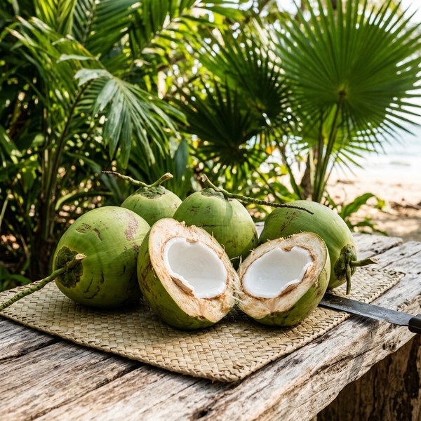 Fresh coastal coconuts split open showing coconut water and flesh