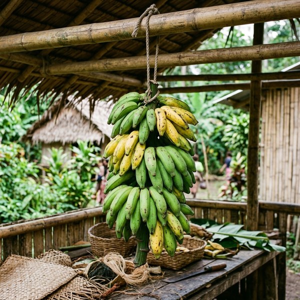 Fresh sweet village bananas harvested from traditional local gardens